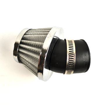 Luftfilter/Powerfilter offen 28/35mm Anschluss zum Vergaser abgewinkelt/90 Grad abgewinkelt TNT blau/chrom