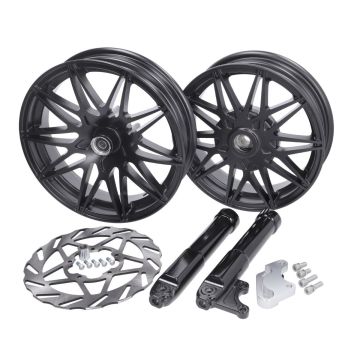 Velgenset oversized compleet met remschijf en verlengde onderpoten mat zwart geschikt voor Piaggio Zip 2000