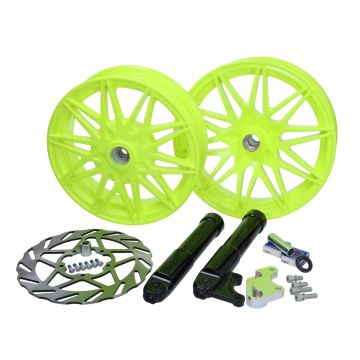 Velgenset oversized compleet met remschijf en verlengde onderpoten fluor geel geschikt voor Piaggio Zip 2000