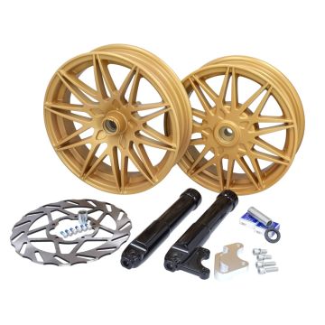 Velgenset oversized compleet met remschijf en verlengde onderpoten goud geschikt voor Piaggio Zip 2000