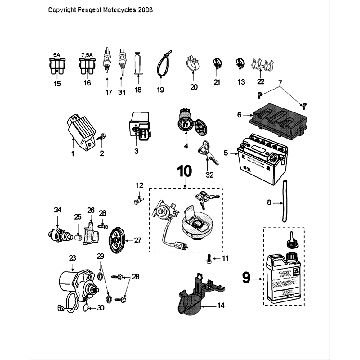 Elektrische Teile - Anlasserritzel - Anlasser - Batterie Peugeot Speedfight 4 50 2T LC Schwarz Rot
