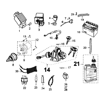 Elektrische Teile - Anlasserritzel - Anlasser - Batterie Peugeot Kisbee 50 4T AC Euro 2 â†2018 Weiß