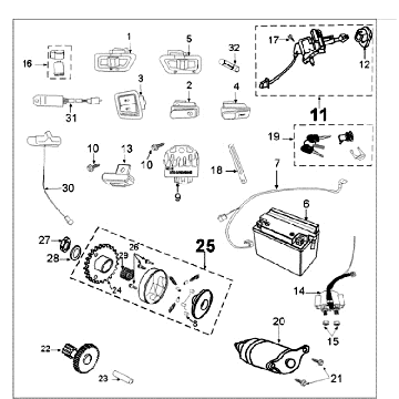 Elektrische Teile - Anlasserritzel - Anlasser - Batterie Peugeot Tweet 50 4T AC 2010-2017 Braun