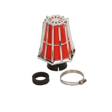 Leistungsfilter/Luftfilter offen universaler Helix 28/35 mm Vergaseranschluss in einem Winkel von 45 Grad chrom/Rot Supertec