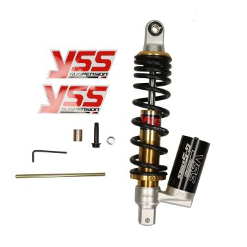 Stoßdämpfer mit Gastank YSS G-Serie 310 mm (Mitte-Mitte-Bolzenloch) schwarz/gold Minarelli-Peugeot horizontal-vertikal 50cc 2-Takt (kein Zenith)