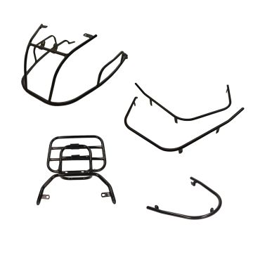 Sturzbügelset 4-teilig mit Klappträger hinter schwarz glänzendem Modell China 10 Zoll LX/AGM VX/VX50S/Riva/Napoli/Benson/Touring/Toscana/Lux/VXL/RL/Azzuro/Rimini/Capri/RL/Vespelini/Lux /Star/ GTS/Delphi/Morino