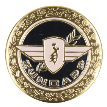 Zündapp Tankaufkleber/Emblem dick (Zündapp) rundes Emblem schwarz/gold mit Feder (65 mm Durchmesser)