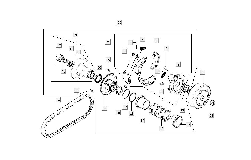 Hintere Kupplung - V-Saite Kymco B&W LC 2-Takt Silber