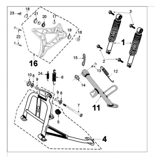 Achtertelescoop en standaard Peugeot Tweet 125 E3 2010-2013