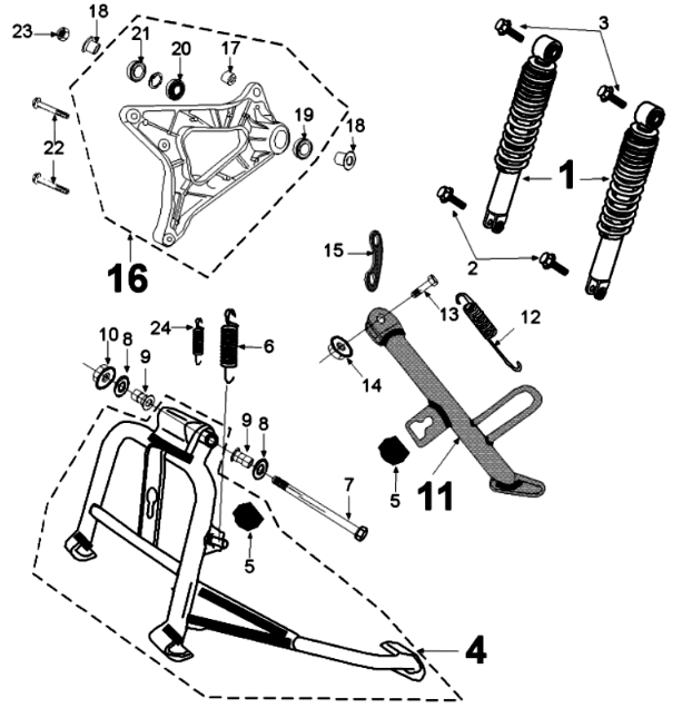 Achtertelescoop en standaard Peugeot Tweet 125 V E3 2013-2017