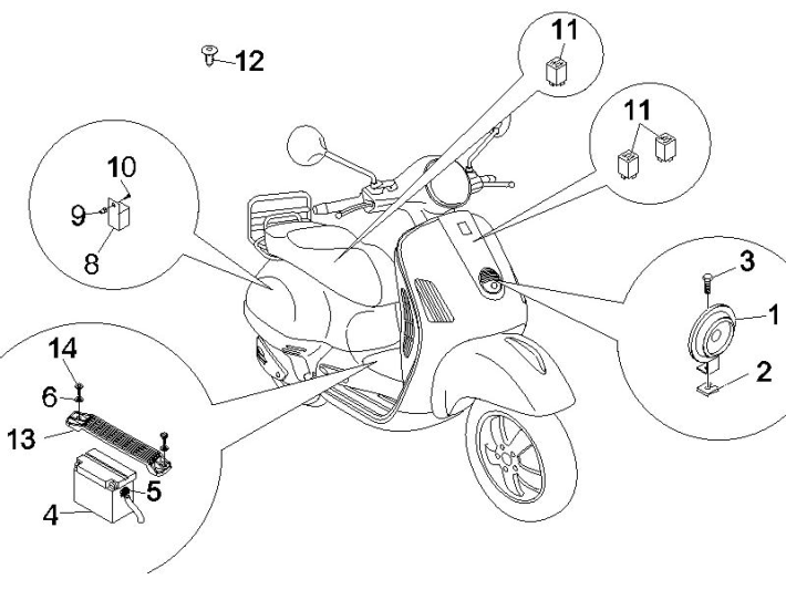 Fernschalter - Batterie - Hupe Vespa GTS 250 ie 2005-2009 (mit ABS)