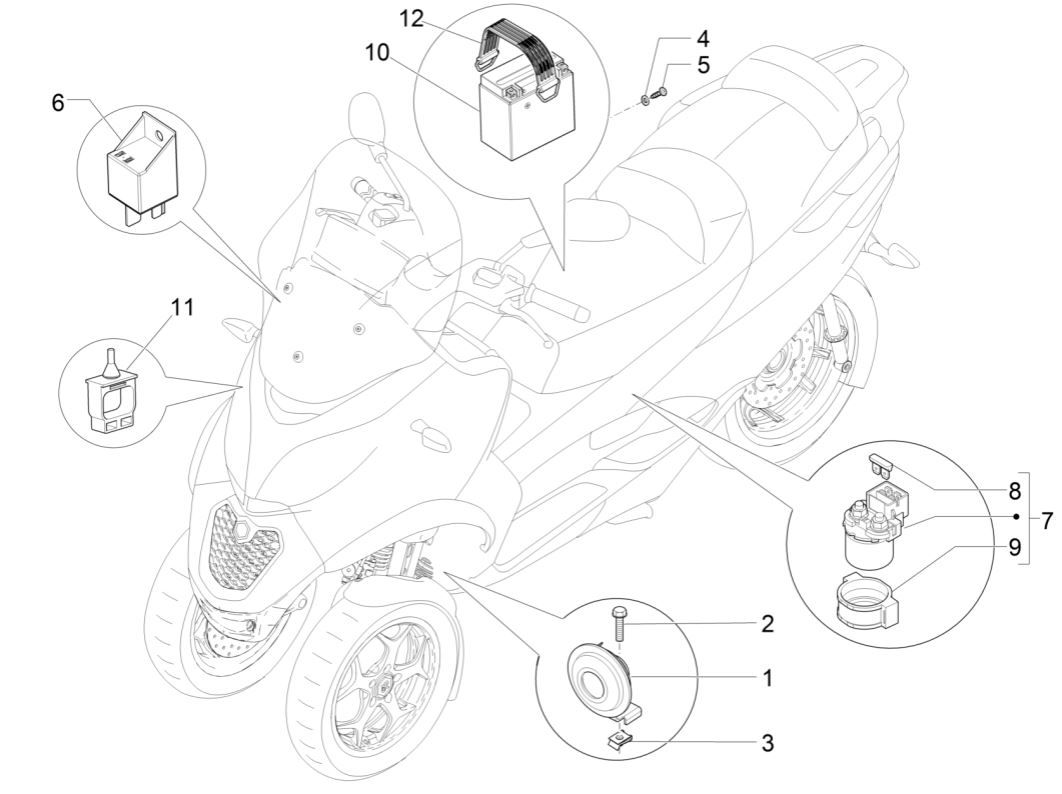 Fernschalter - Batterie - Signalhorn - Piaggio MP3 300 ie E4 LT BUSINESS - SPORT NOABS-ABS 2016 - 2018 (EMEA)