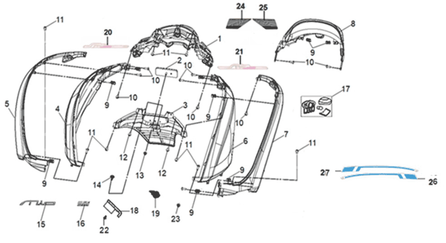 Körperabdeckung Sym Mio 50I E5 Schieferblau/Grau (GY7547UL/BK001C)