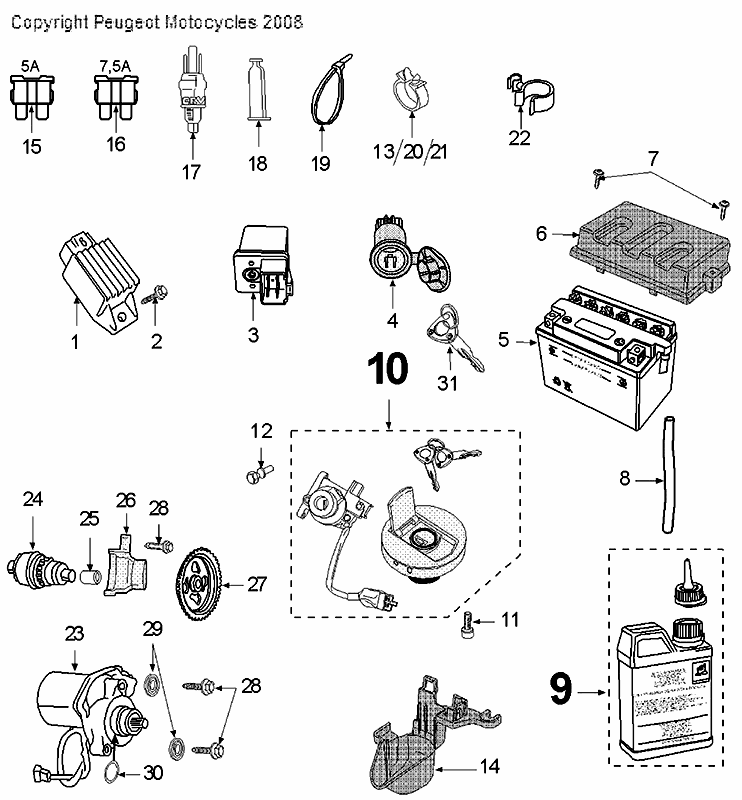Elektrische Teile - Anlasserritzel - Anlasser - Batterie Peugeot Speedfight 3 50 2T LC Grau