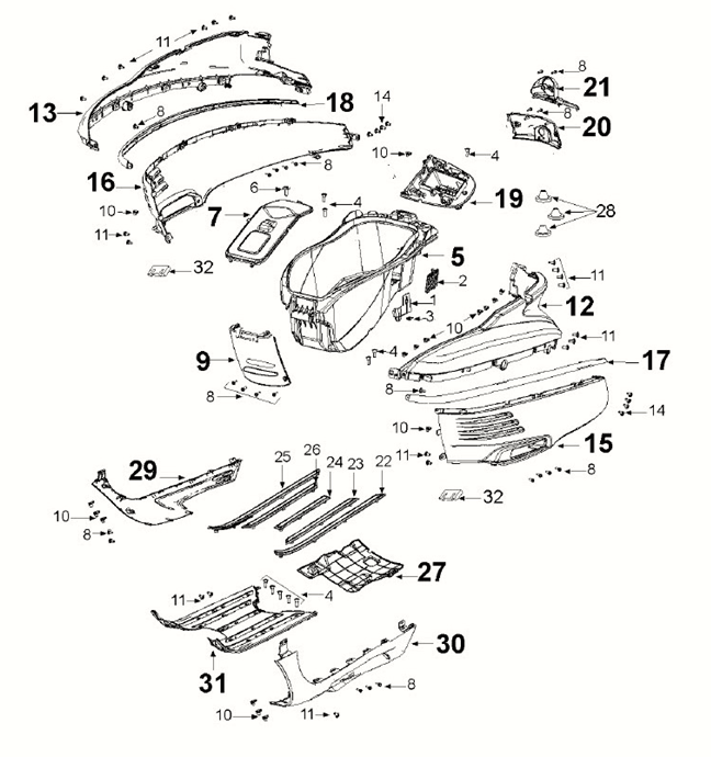 Verkleidungsbox Peugeot Django 4-Takt E5 Milchweiß/Drachenrot (G9)