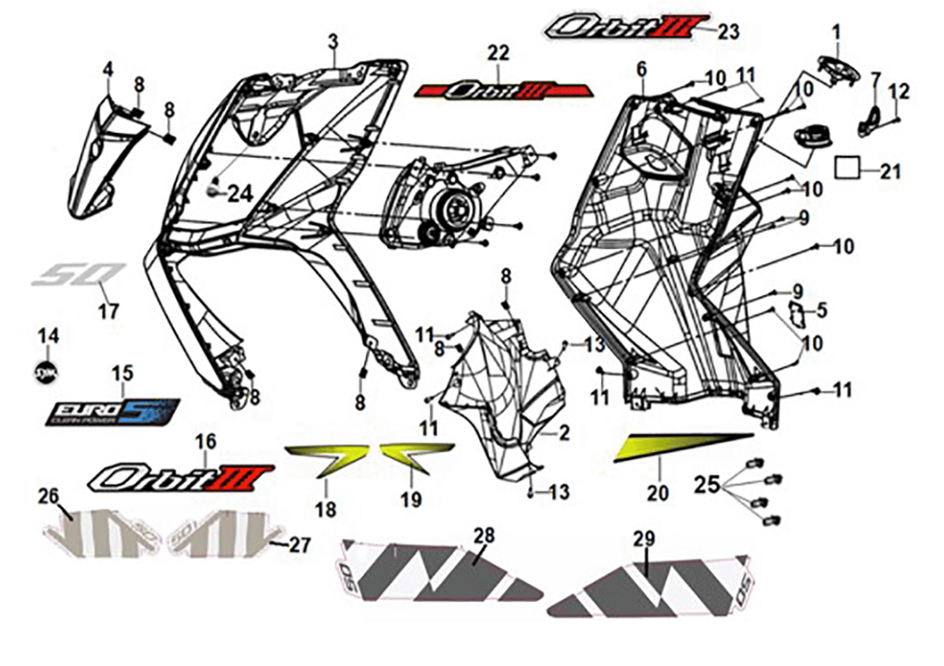 Vorderdeckel - vorderer Innenkasten Sym Orbit III 50 E5 Weiß/Grau (WH-006/GY-419S)