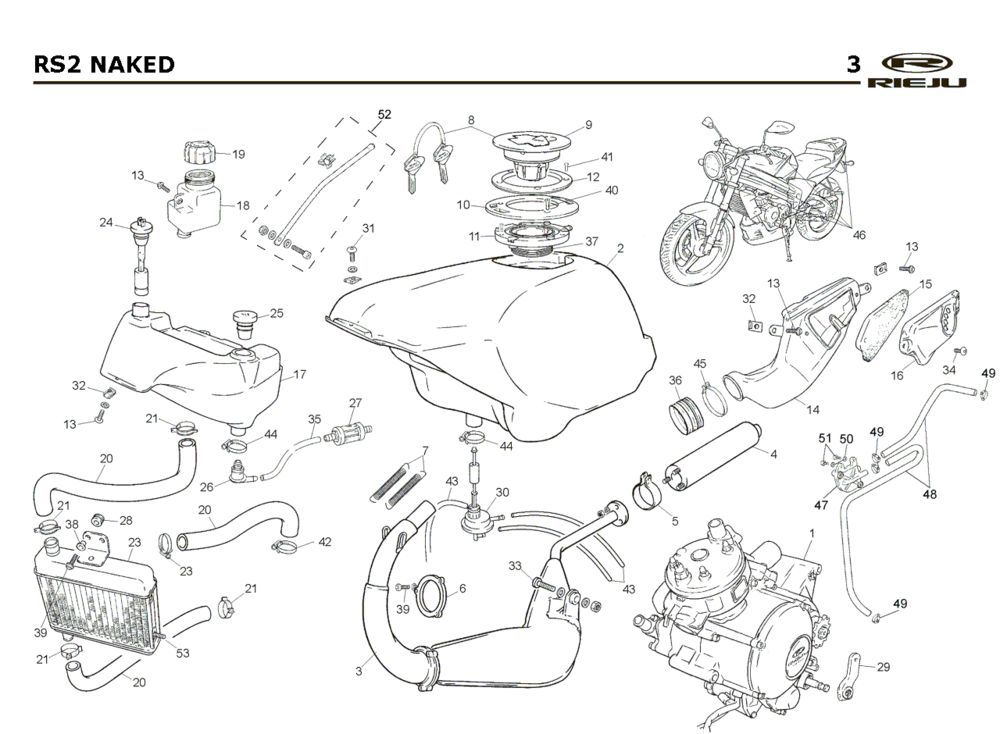 Kühlung- Kraftstofftank- Auspuff Rieju Rs2 Naked red 2009 2-Takt