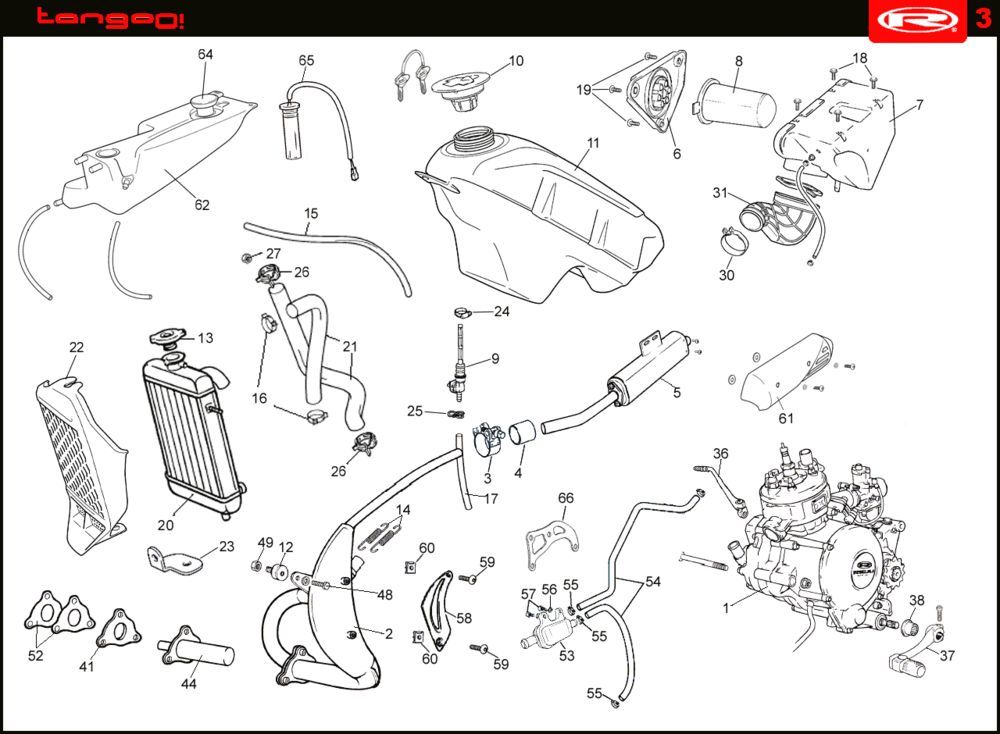 Kühlung- Kraftstofftank- Auspuff Rieju Tango blau 2008 2-Takt