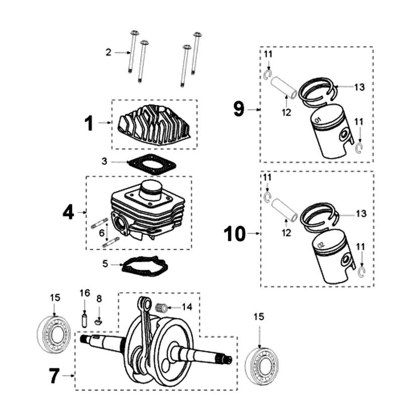Kurbelwelle und Zylinder ALU Peugeot Ludix 10 Schwarz