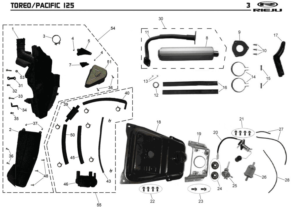 Luftfilter, Kraftstofftank, Endschalldämpfer Rieju Pacific 125 rot 2-Takt