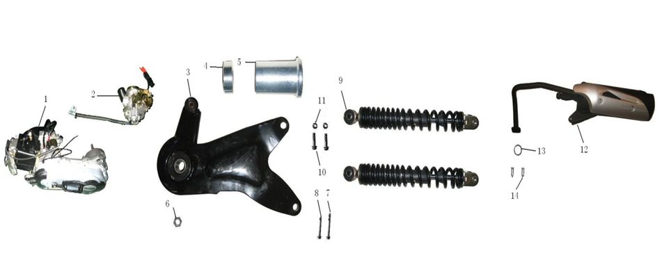 Motorblock - Stoßdämpfer - Auspuff China Jet Ten 50 4T AC