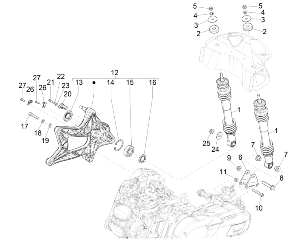 Hinterradaufhängung - Stoßdämpfer Vespa GTS 125 4T E4 ABS 2019 (EMEA)