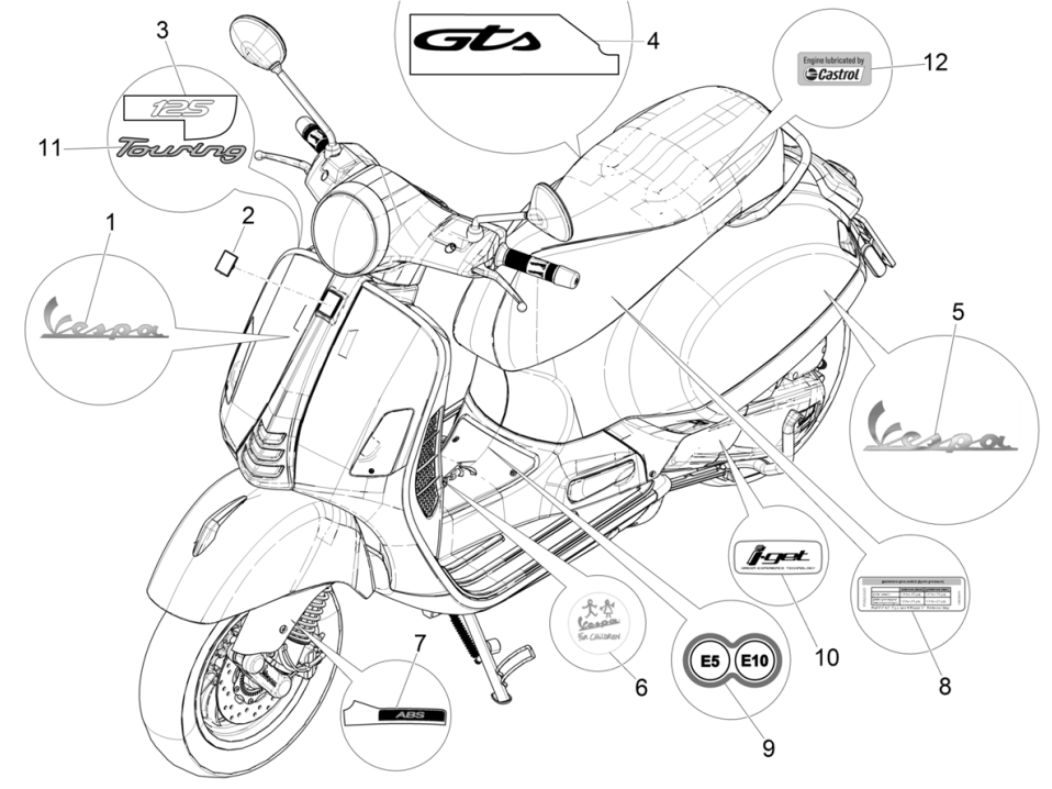 Kennzeichen und Zierleisten für Vespa GTS 125 4T E5 ABS 2021 (EMEA)