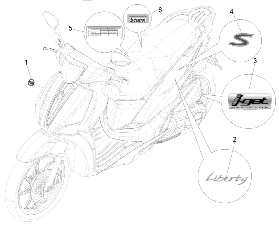Piaggio Liberty 50 4-Takt-Kennzeichen und Zierleisten (IGET Euro 5)