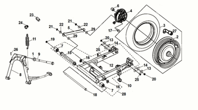 Hinterrad - Hauptständer - Hinterradgabel Sym E-MIO