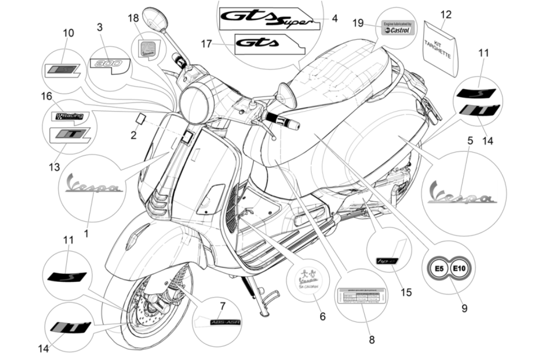 Embleme - Aufkleber - Logo Vespa GTS 300 Super HPE 4V IE ABS Euro 5 2020-2022