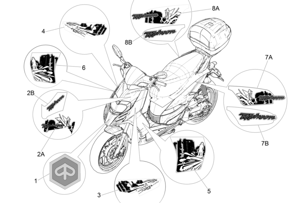 Embleme - Aufkleber - Logo Piaggio Typhoon 50 2-Takt Euro 4 2018-2020