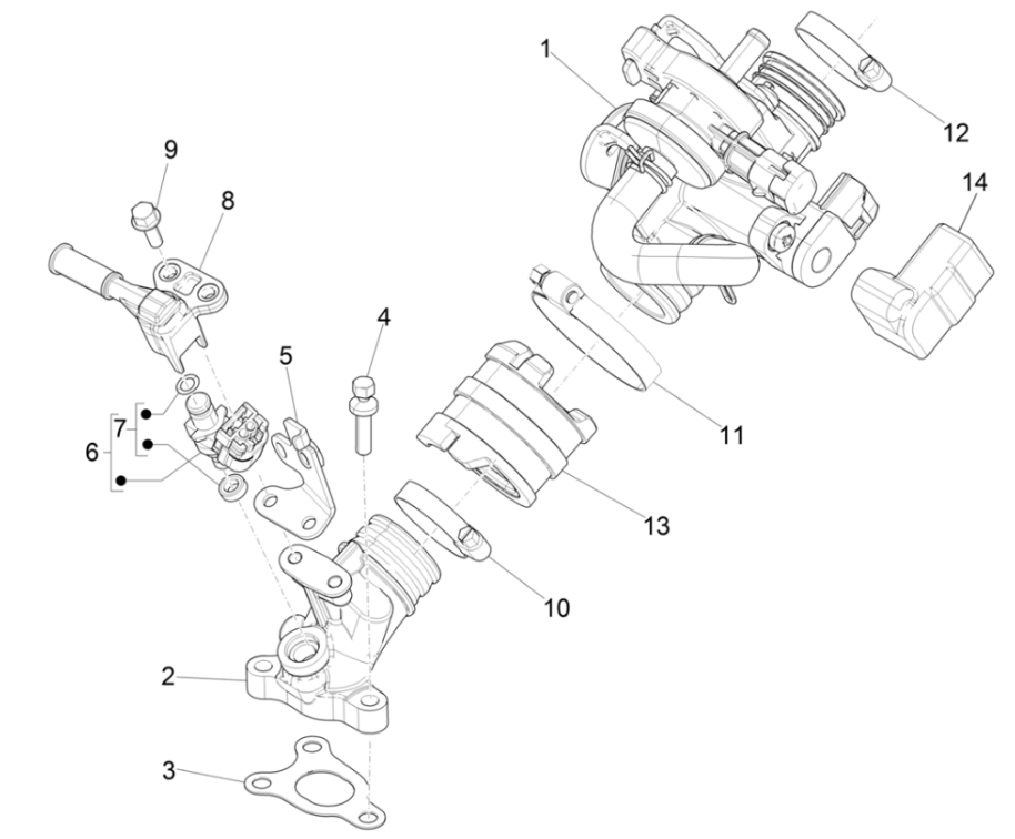 Drosselklappenhuis - Einspritzventil - Einlass Vespa 4-Takt-Anschluss mit 3 Ventilen (Euro4 IGET)