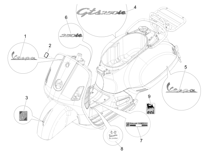 Aufkleber und Decals Vespa GTS 250 dh 2005-2016 (ohne ABS)