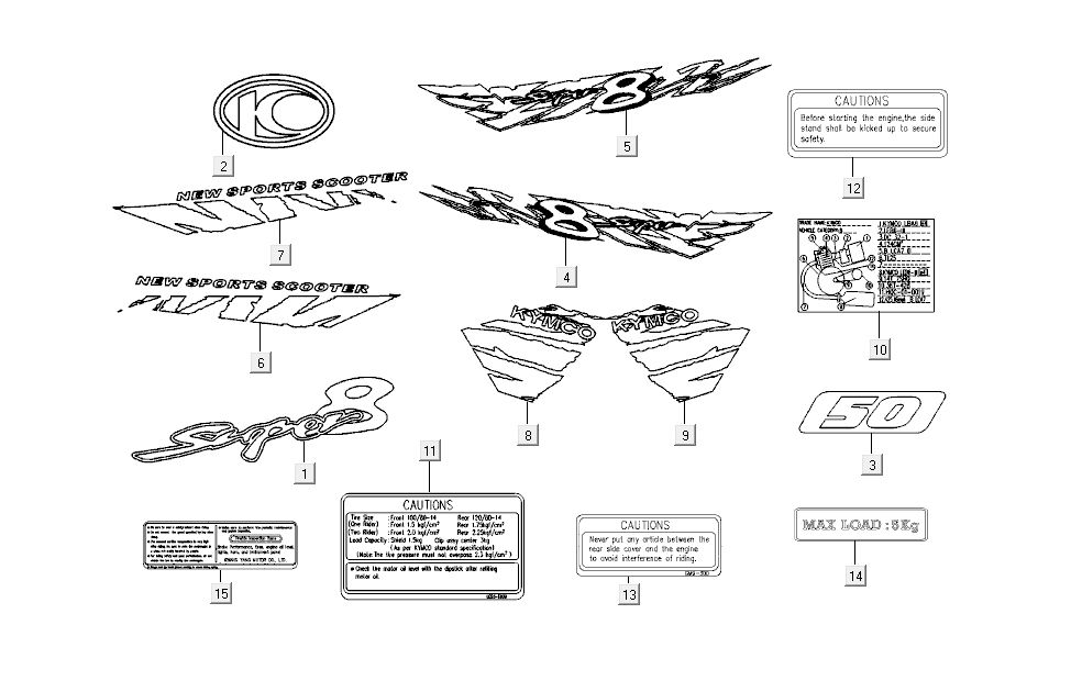 Aufkleberset Kymco Super 8 4-Takt (2007-2009) Rot Schwarz