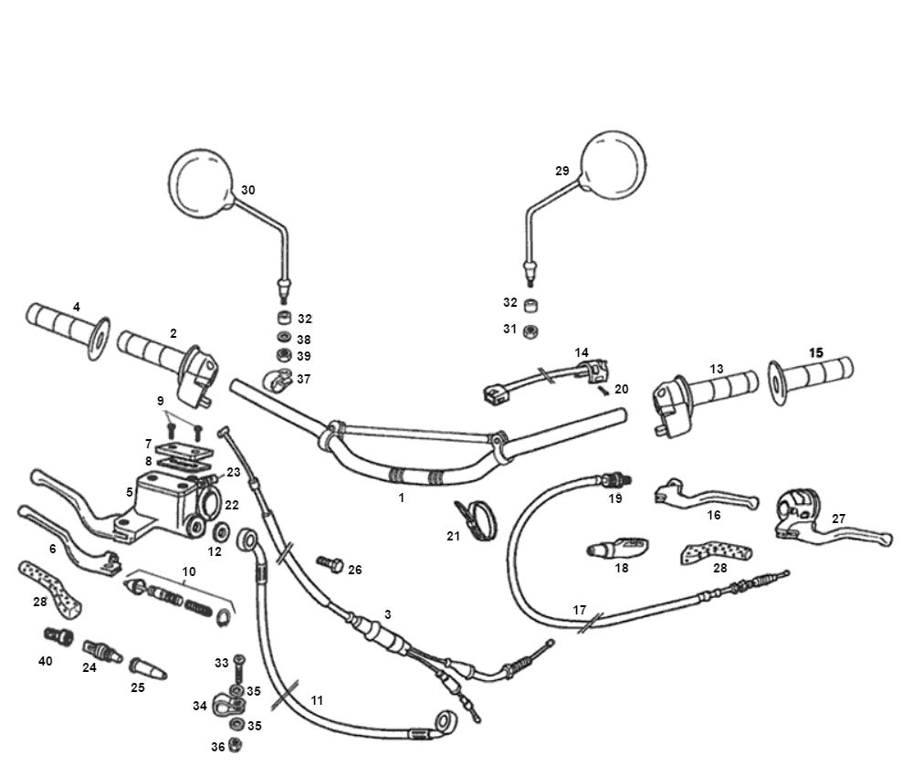 Lenker - Hauptbremszylinder- Bremshebel - Spiegel - Züge Derbi Senda R 50 2T LC (motor EBE050)