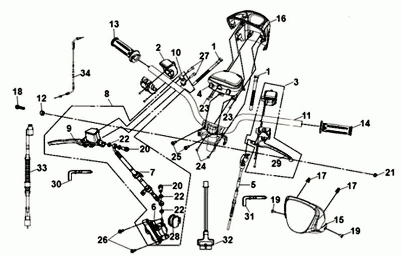Lenker - Lenkergriffe - Hauptbremszylinder- Tachometer - Gaszug Sym Mio 50i 4T AC  Weiß Schwarz (WH-8018P/BK-001C)