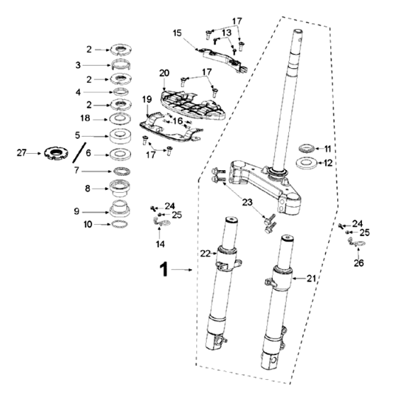 Voorvork / balhoofdstel Peugeot Django 125 Allure E3 2014-2017
